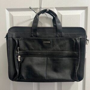 Perry Ellis Black Leather briefcase Messenger Portfolio Bag
